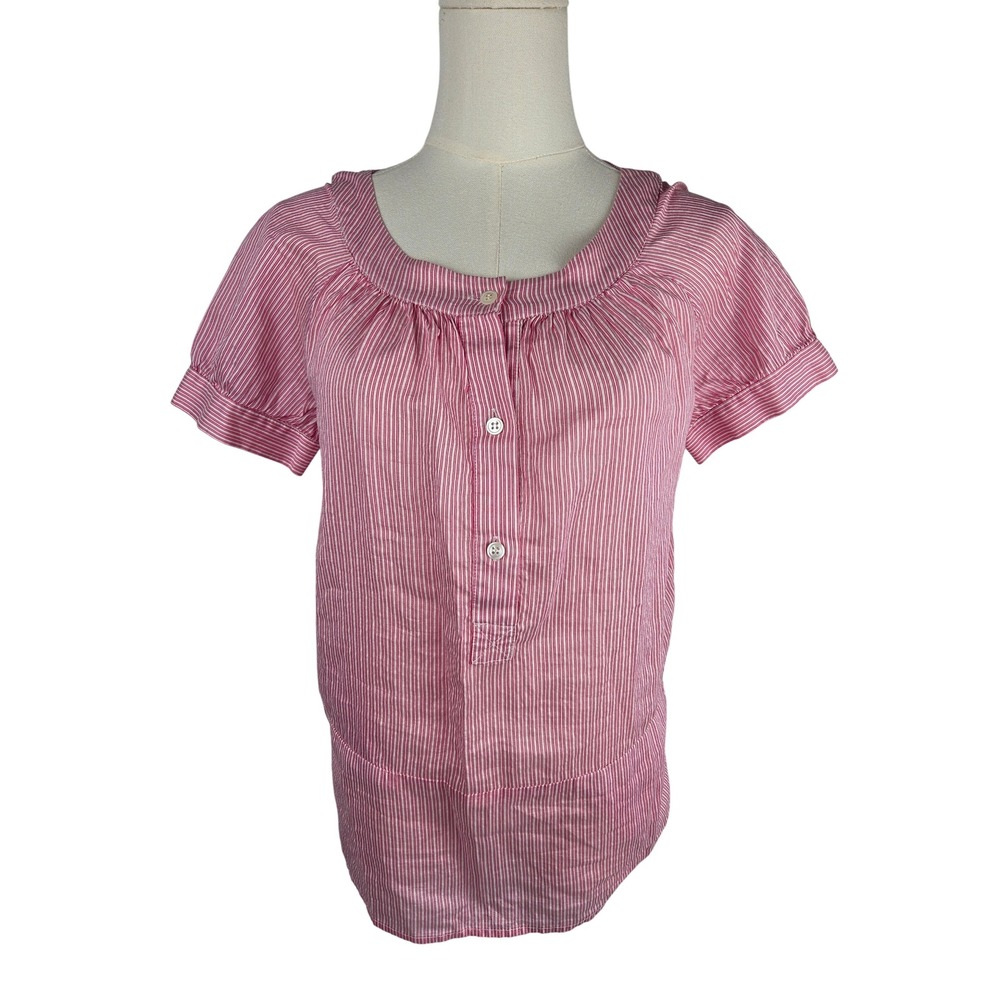 Theory Blouse Small Pink White Pinstripe Puffed Sleeve Cotton Poplin Top Coastal